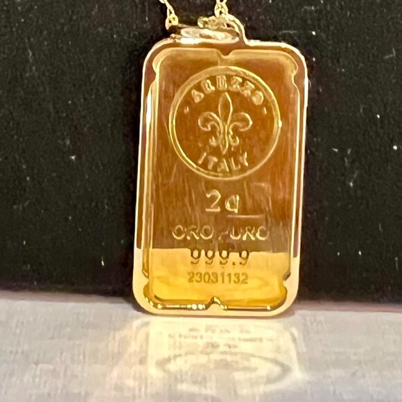 Italian 24kt Yellow Gold Fleur-De-Lis Two-Gram Ingot Pendant Necklace 20" - Picture 4 of 6